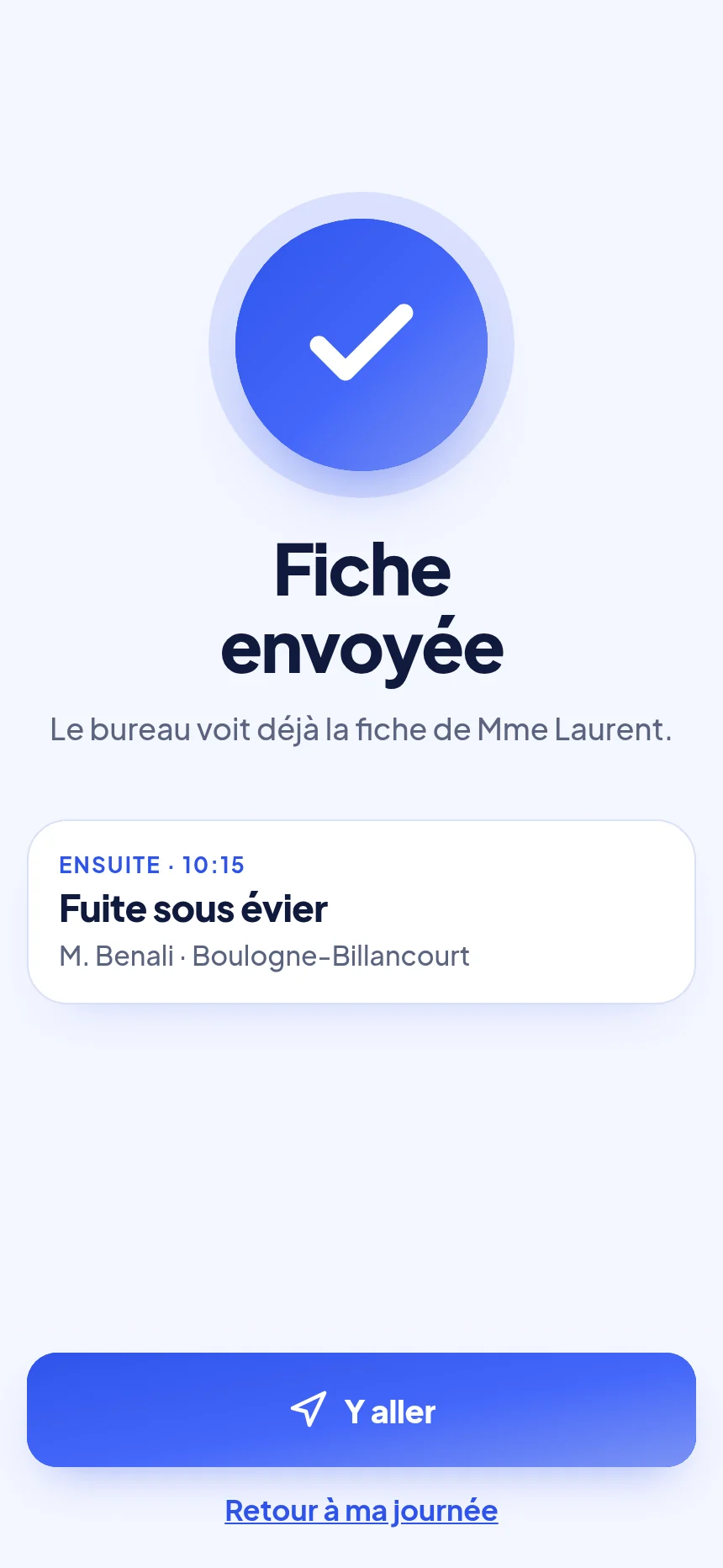 Écran Fiche envoyée : le bureau reçoit la fiche aussitôt