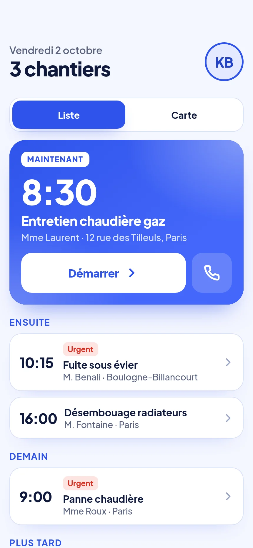Écran Ma journée : la prochaine intervention à 8 h 30 chez Mme Laurent