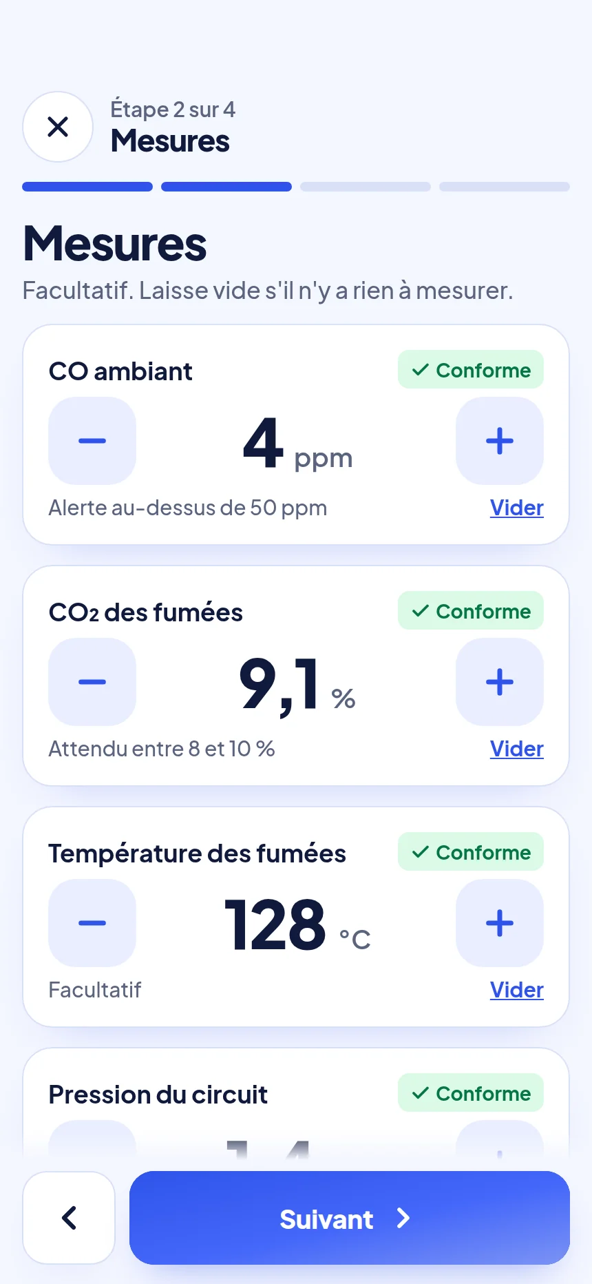 Écran Mesures : CO, CO₂ et température des fumées