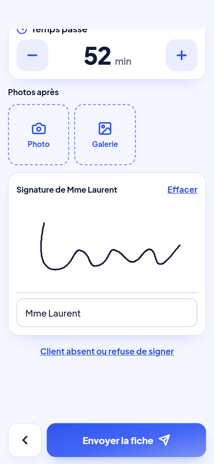 Écran Signature : le client signe sur le téléphone