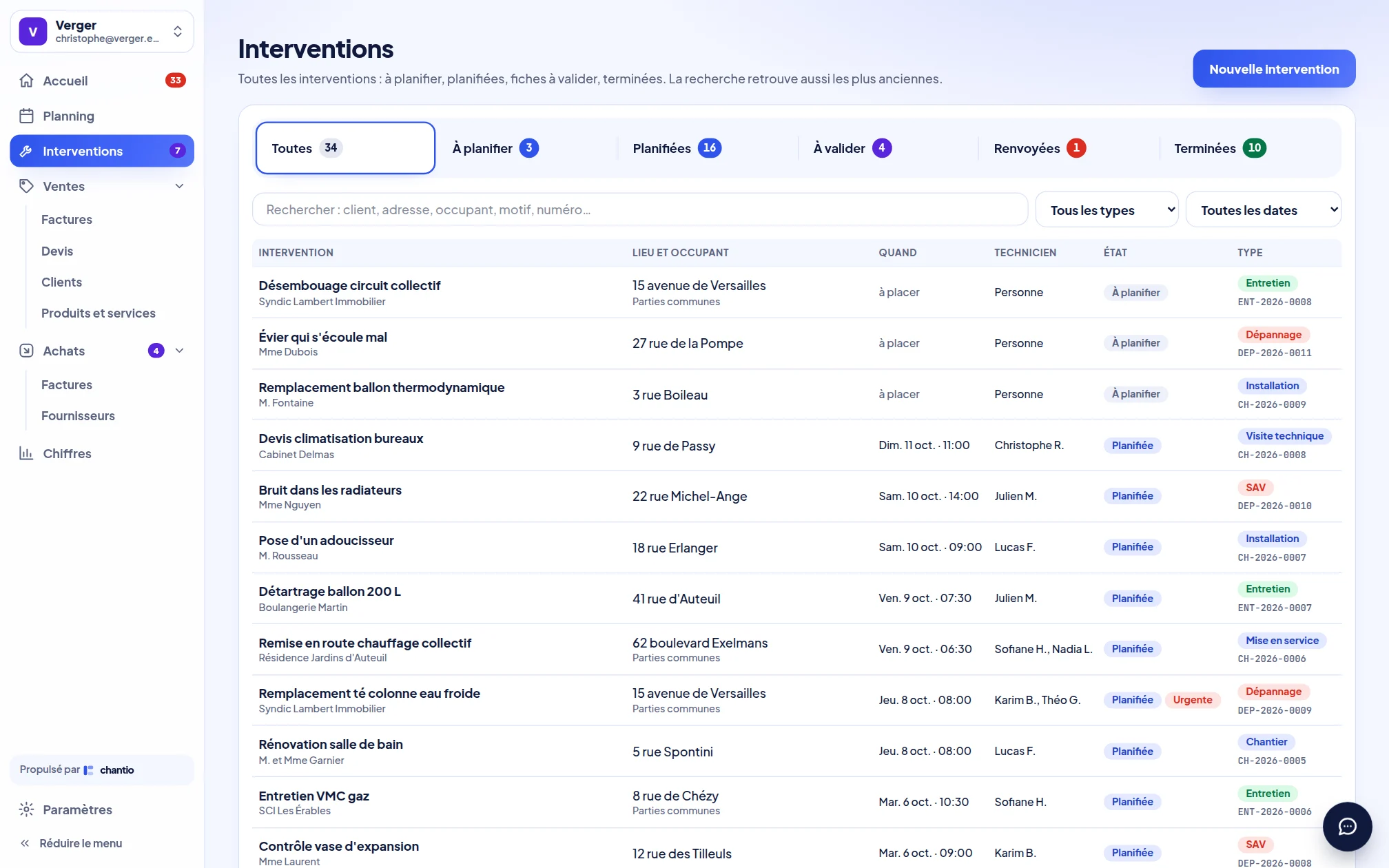 Liste des interventions