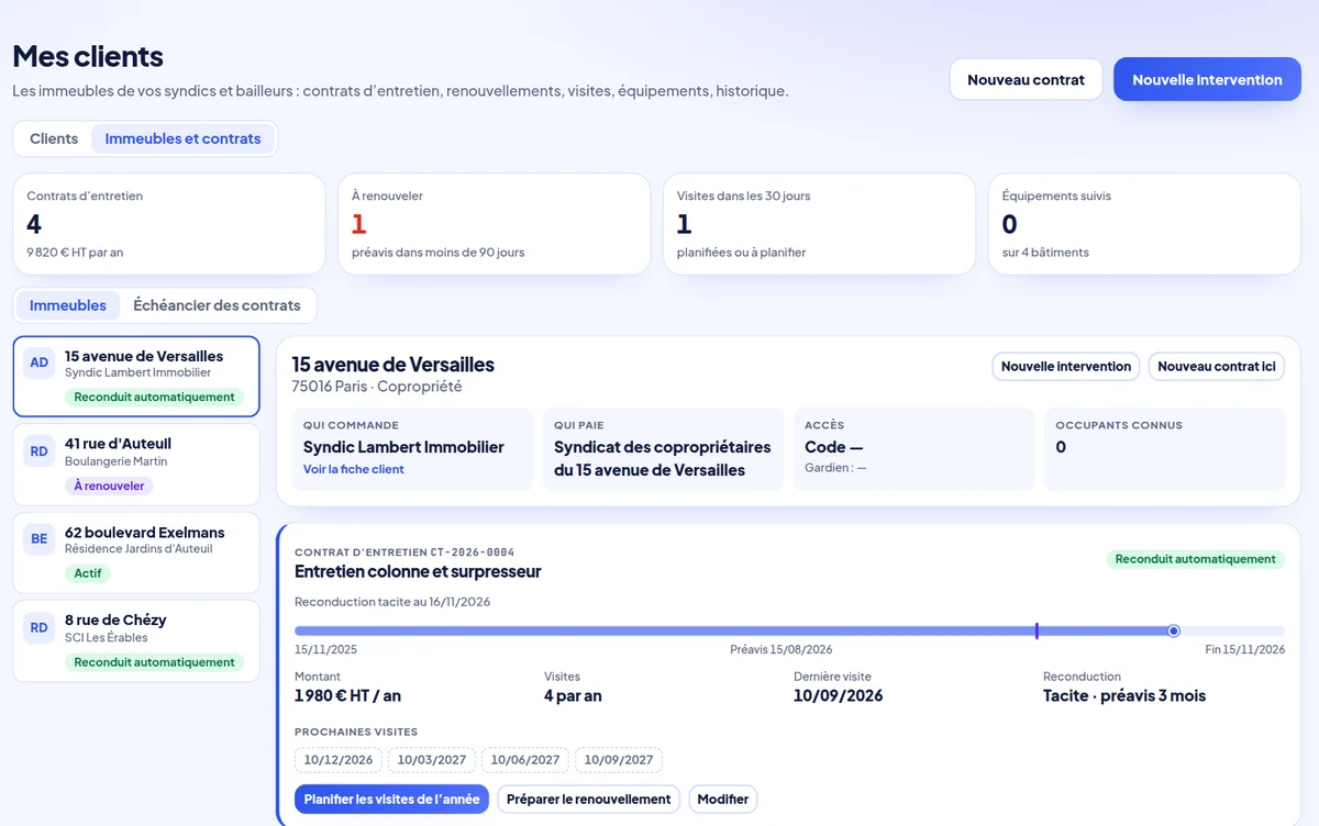 Immeuble d'un syndic avec son contrat d'entretien et ses prochaines visites